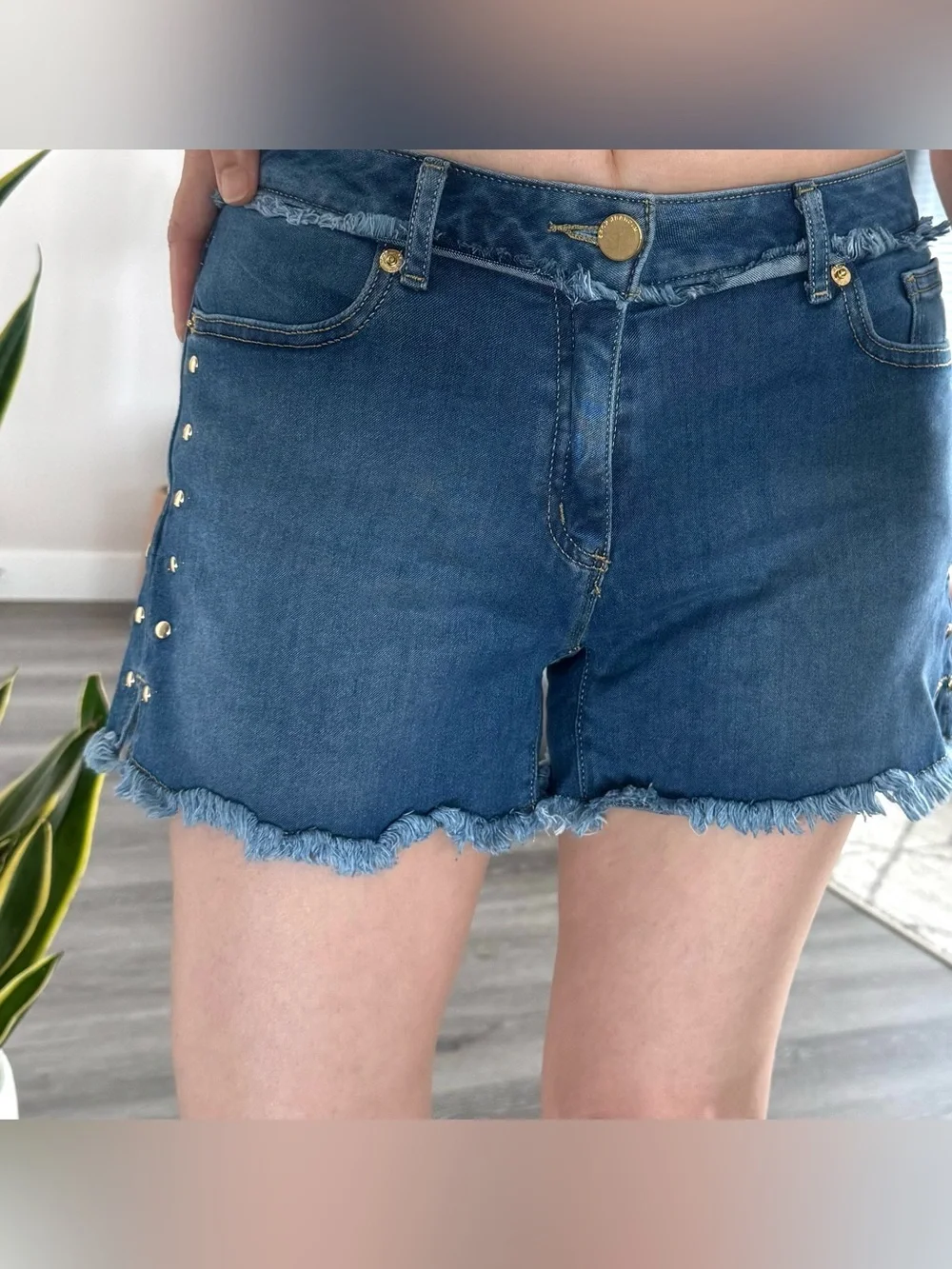 MICHAEL KORS Denim Frayed Hem Studded Shorts